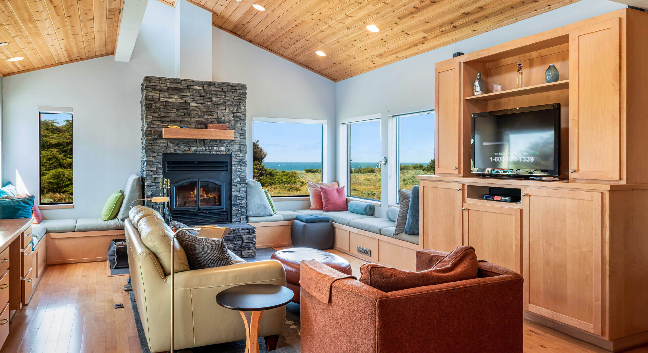 Bella Luna living room, tv and fireplace with view of meadow