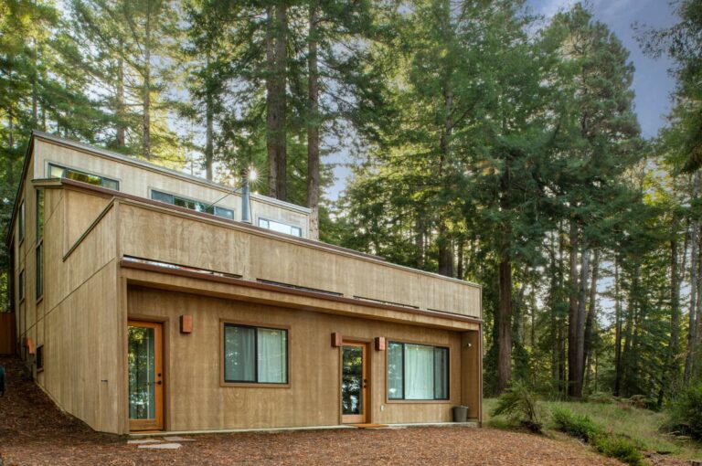 Sea Pony - rear exterior view wood sided home surrounded by wood chips and tall trees
