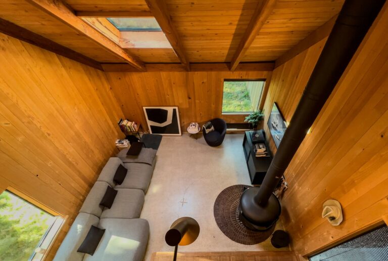 Paradiso - view of wood paneled living room from above